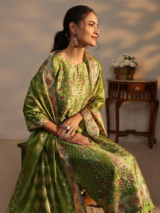 Green Floral Printed Silk Blend Straight Suit Set With Dupatta