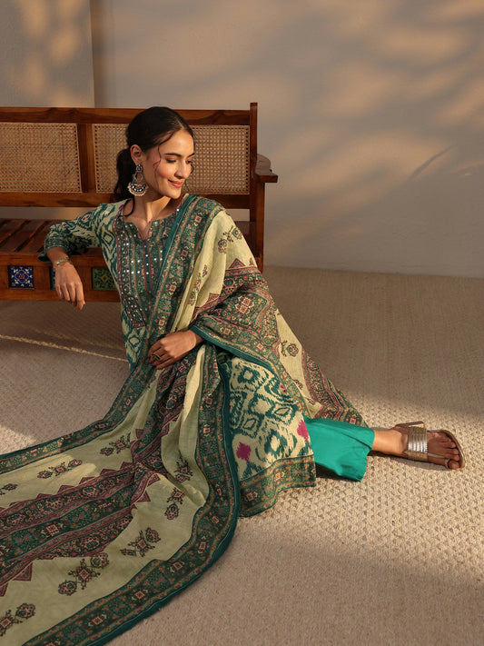 Green Printed Cotton Blend Straight Suit Set With Dupatta