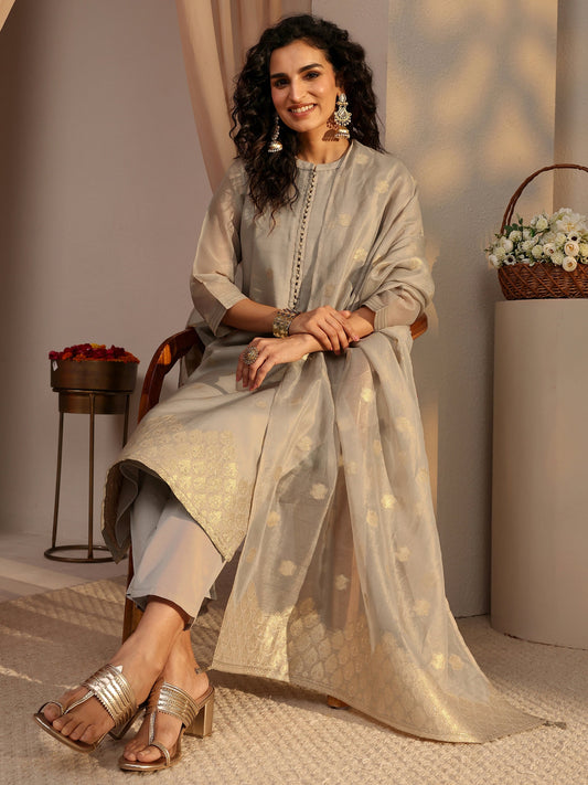Grey Woven Design Chanderi Silk Straight Suit Set With Dupatta