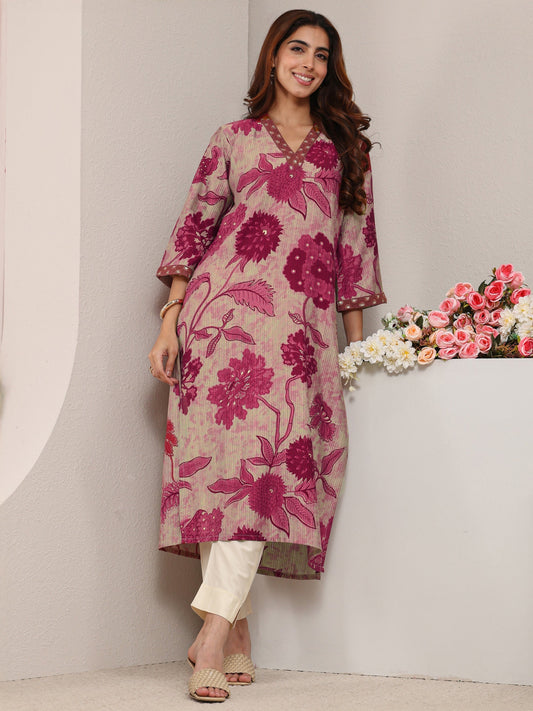 Maroon Floral Printed Silk Blend Straight Kurta