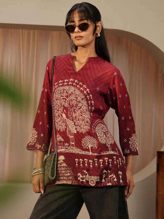 Maroon Tribal Printed Muslin Straight Short Kurti