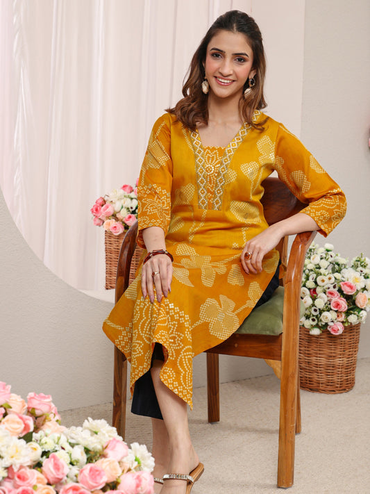 Mustard Floral Printed Cotton Straight Kurta