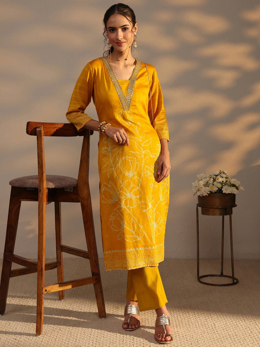 Mustard Floral Printed Cotton Straight Kurta
