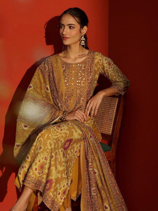 Mustard Printed Cotton Blend Straight Suit Set With Dupatta