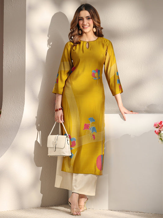Mustard Printed Silk Blend Straight Kurta