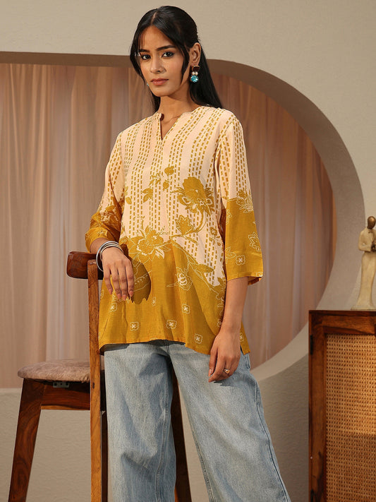 Mustard Yellow Printed Muslin Straight Short Kurti