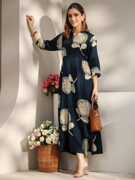 Navy Blue Floral Printed Silk Blend A-Line One Piece Dress
