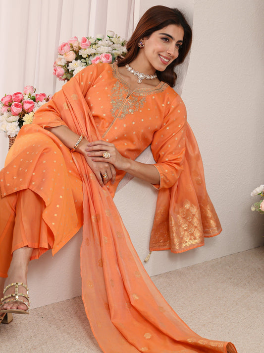 Orange Ethnic Woven Design Chanderi Silk Straight Suit Set With Dupatta
