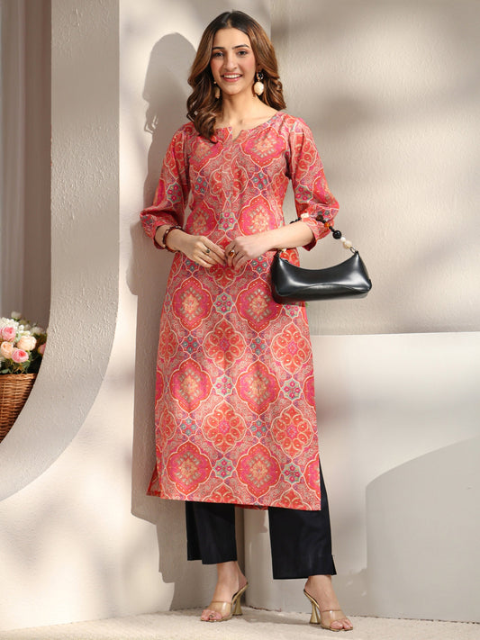 Peach Ethnic Printed Silk Blend Straight Kurta