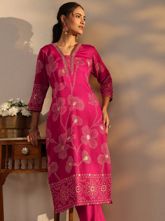 Pink Bandhani Printed Cotton Straight Kurta