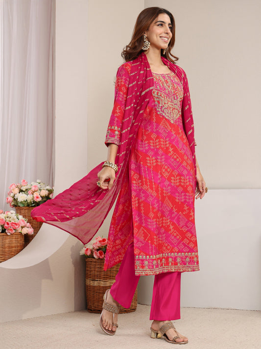 Pink Bandhani Printed Silk Blend Straight Suit Set With Dupatta