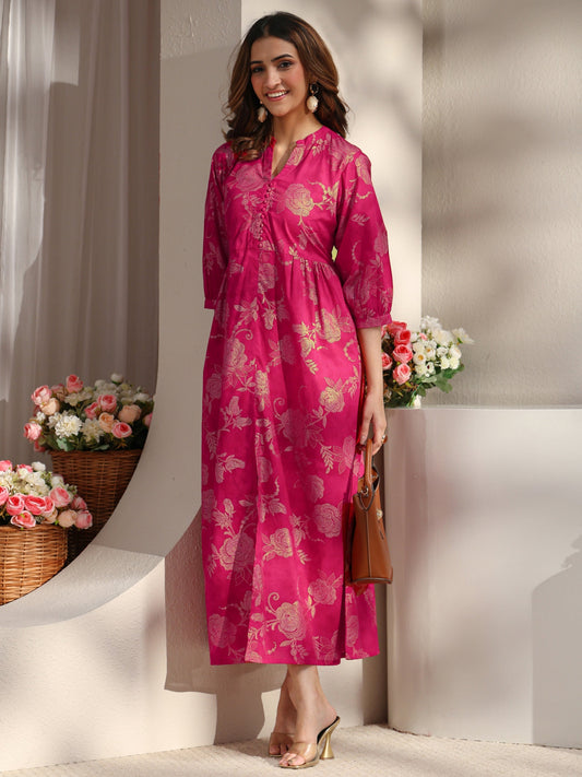 Pink Floral Printed Cotton A-Line One Piece Dress