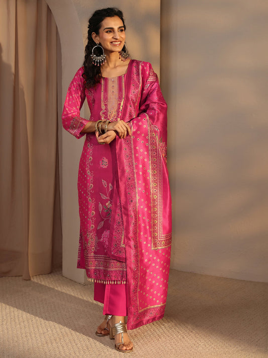 Pink Floral Printed Silk Blend Straight Suit Set With Dupatta