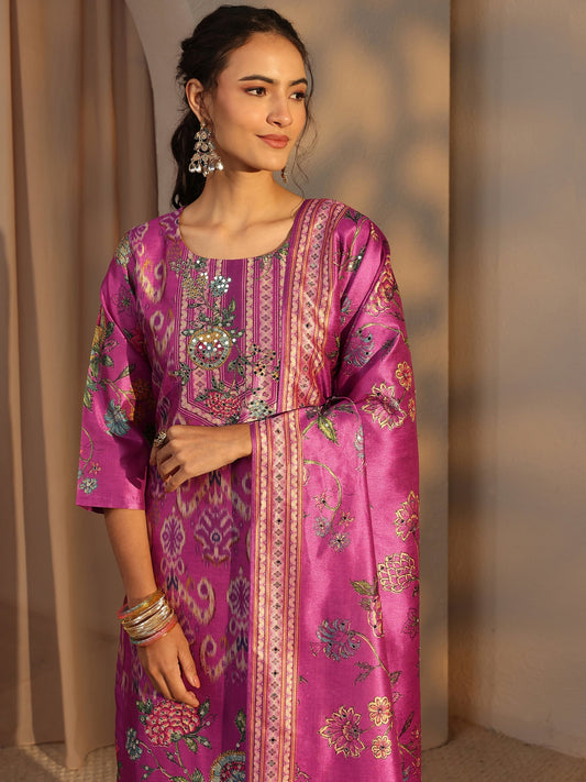 Purple Ethnic Printed Silk Blend Straight Suit Set With Dupatta