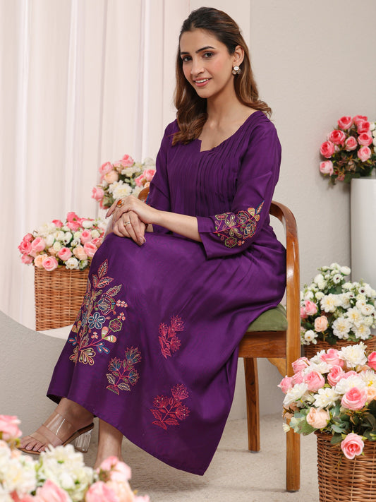 Purple Floral Embroidered Silk Blend A-Line Kurta