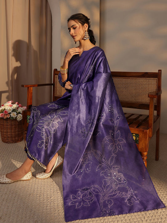 Purple Floral Printed Silk Blend Straight Suit Set With Dupatta