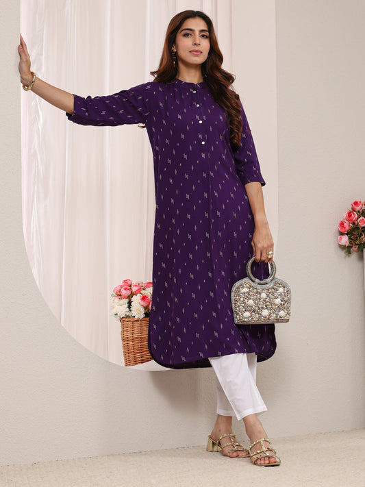 Purple Mandarin Collar Embroidered Rayon Straight Kurta