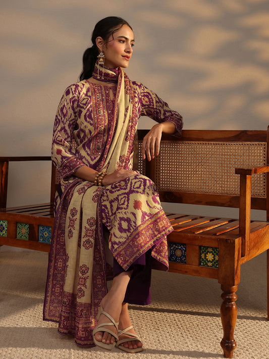 Purple Printed Cotton Blend Straight Suit Set With Dupatta