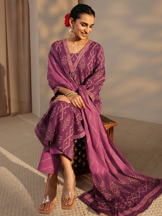 Purple Printed Cotton Straight Suit Set With Dupatta