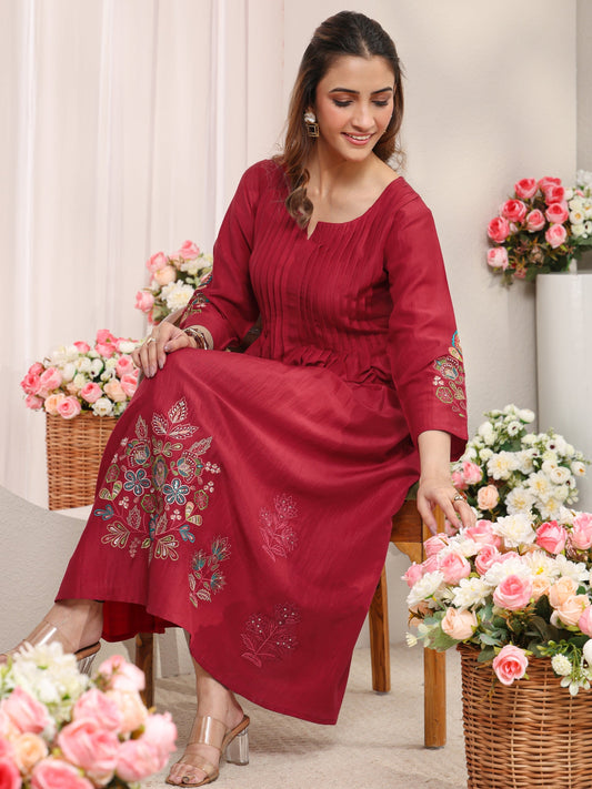 Red Floral Embroidered Silk Blend A-Line Kurta