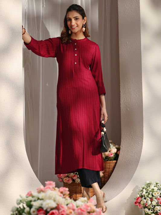 Red Striped Woven Design Rayon Straight Kurta