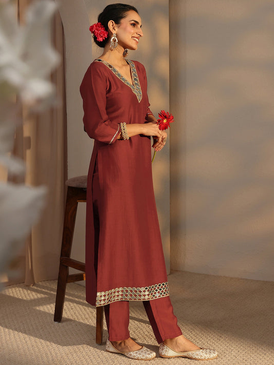 Rust Embellished Silk Blend Straight Kurta Set