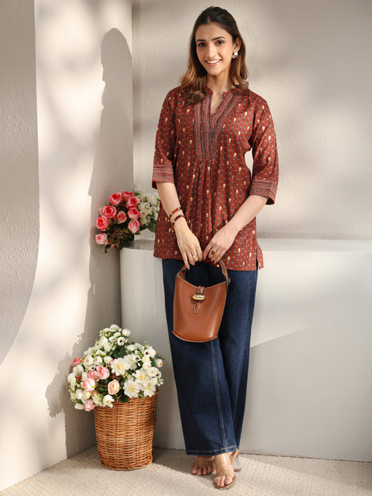 Rust Ethnic Printed Silk Blend Straight Short Kurti
