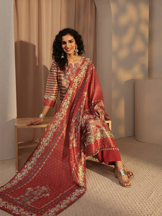 Rust Ethnic Printed Silk Blend Straight Suit Set With Dupatta