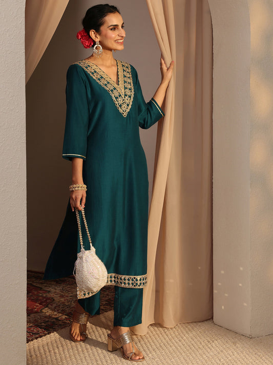 Teal Embroidered Silk Blend Straight Kurta Set