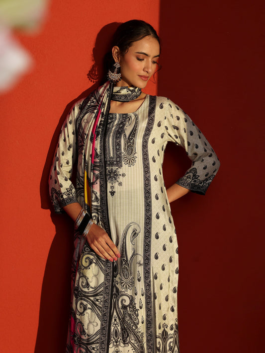 White Paisley Printed Cotton Blend Straight Suit Set With Dupatta
