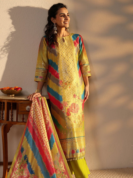 Yellow Ethnic Printed Silk Blend Straight Suit Set With Dupatta