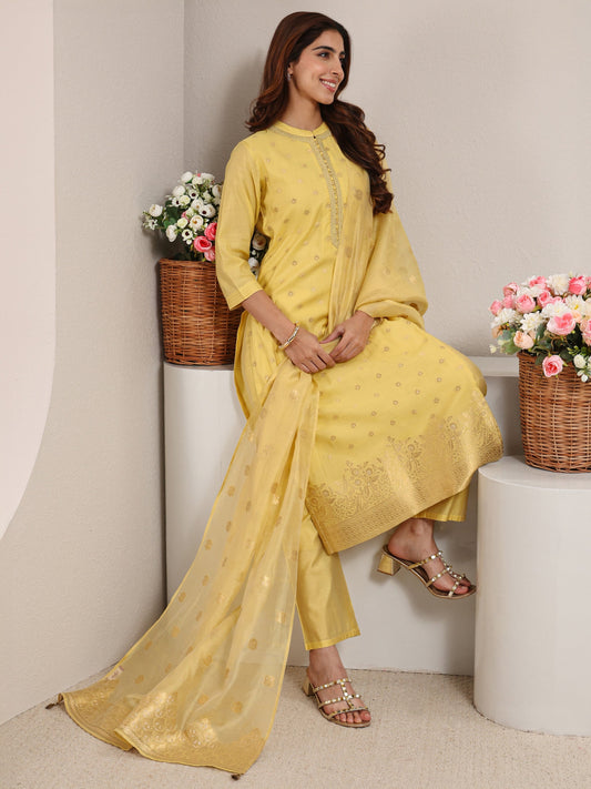 Yellow Ethnic Woven Design Chanderi Silk Straight Suit Set With Dupatta