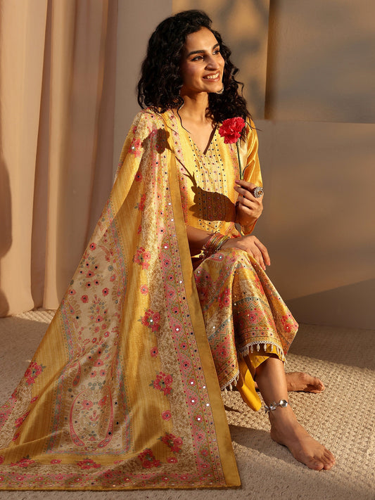 Yellow Floral Printed Silk Blend Straight Suit Set With Dupatta