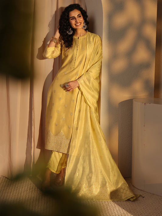 Yellow Woven Design Chanderi Silk Straight Suit Set With Dupatta