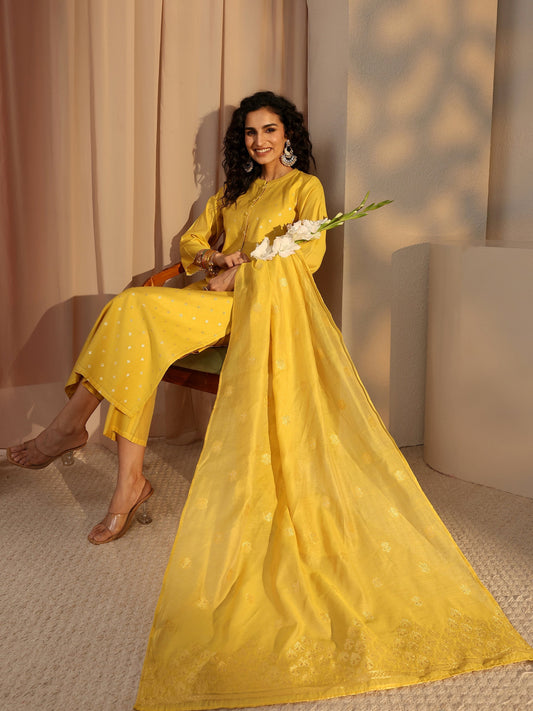 Yellow Woven Design Chanderi Silk Straight Suit Set With Dupatta