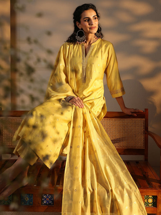 Yellow Woven Design Chanderi Silk Straight Suit Set With Dupatta