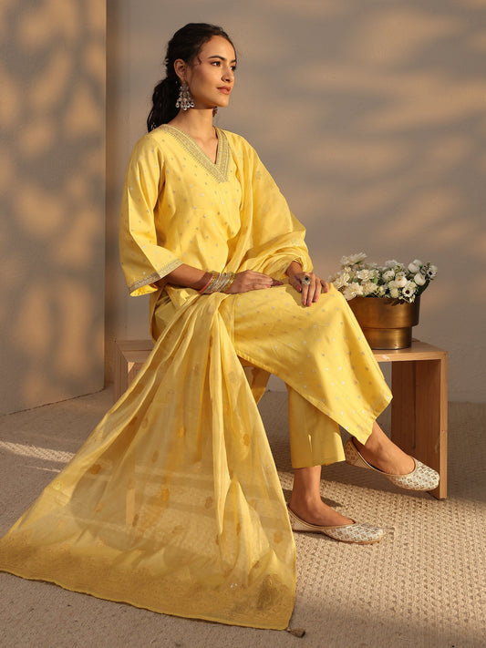 Yellow Woven Design Chanderi Silk Straight Suit Set With Dupatta