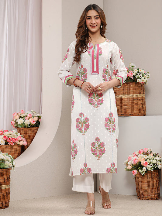 White Floral Printed Cotton A-Line Kurta