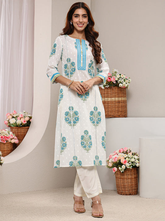 White Floral Printed Cotton A-Line Kurta