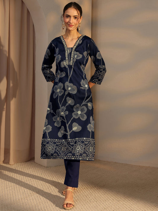 Blue Bandhani Printed Cotton Straight Kurta