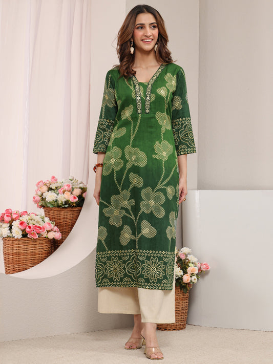 Green Floral Printed Cotton Straight Kurta