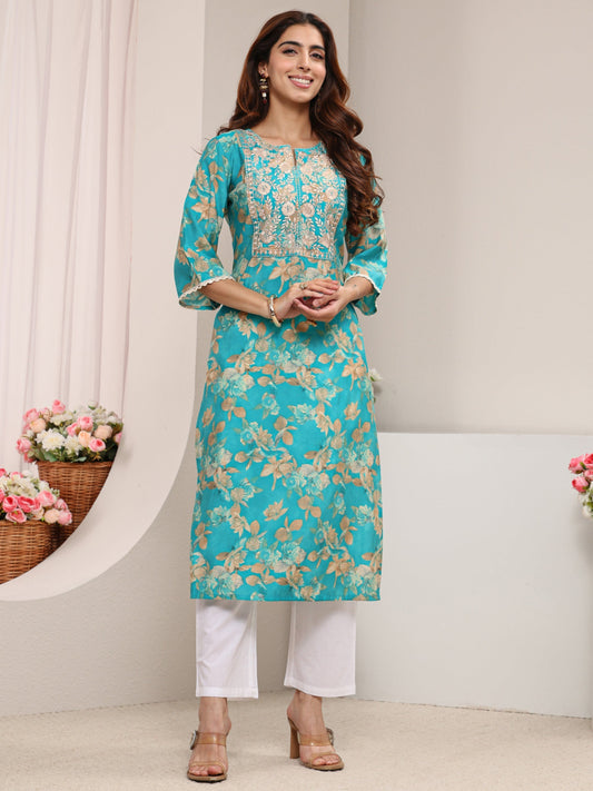 Blue Yoke Design Floral Printed Silk Blend Straight Kurta