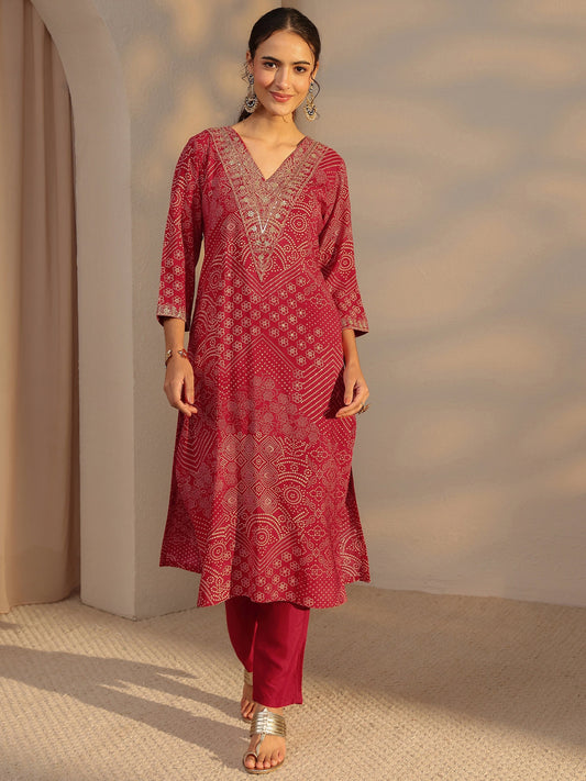 Red Bandhani Printed Silk Blend Straight Kurta