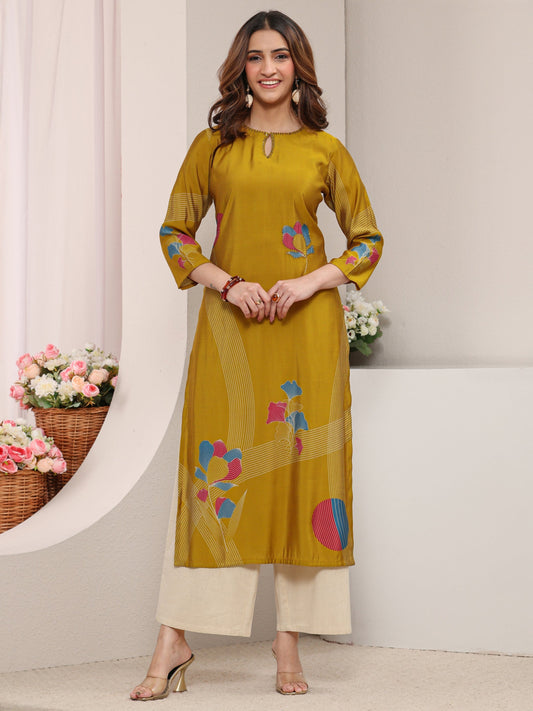 Mustard Printed Silk Blend Straight Kurta