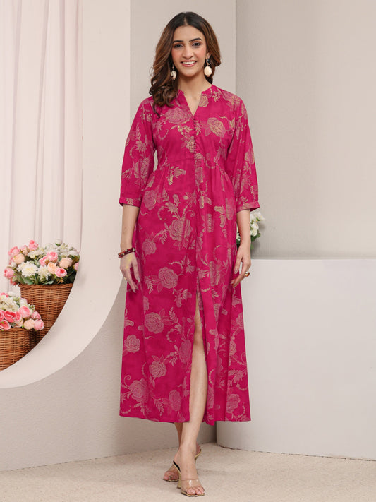Pink Floral Printed Cotton A-Line One Piece Dress