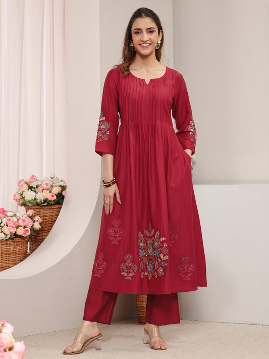 Red Floral Embroidered Silk Blend A-Line Kurta