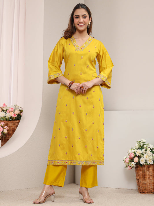 Yellow Embroidered Silk Blend Straight Kurta
