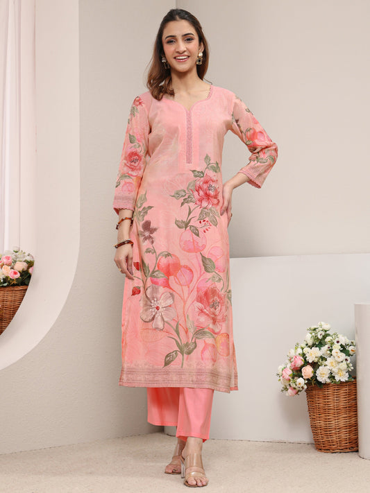 Pink Floral Printed Silk Blend Straight Kurta