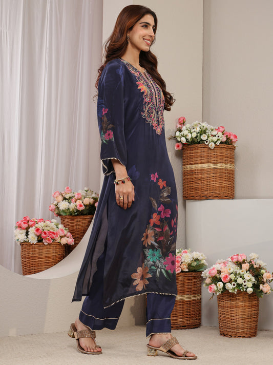 Navy Blue Floral Embroidered Crepe Straight Suit Set With Dupatta