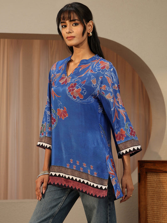 Cobalt Blue Floral Printed Muslin Straight Short Kurti